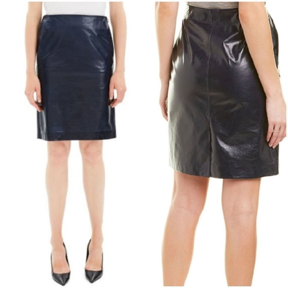THEORY Women Navy Ocean Clean Leather Knee-Length Pencil Skirt Size 0